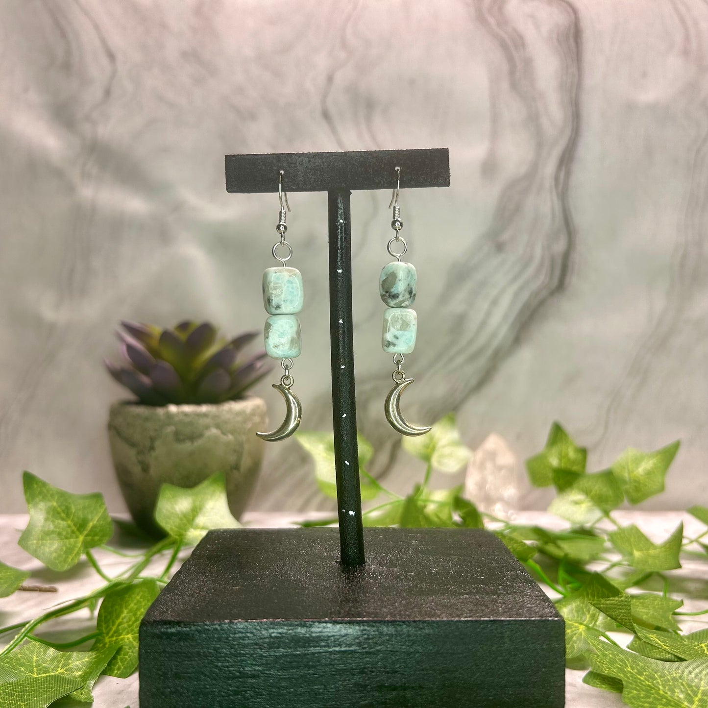 Kiwi Jasper Earrings w/ Moon Charms