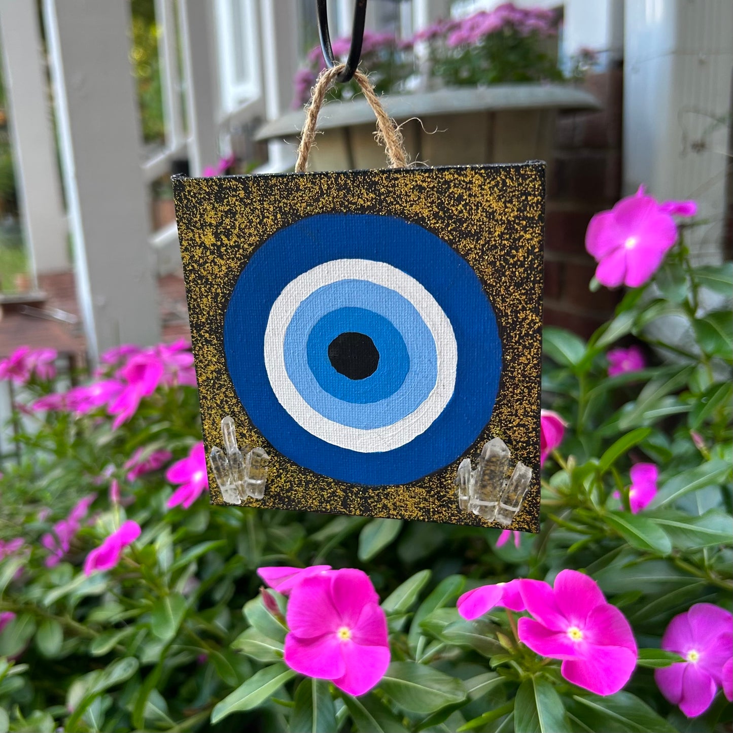 4" Gold Evil Eye Painting w/ Clear Quartz