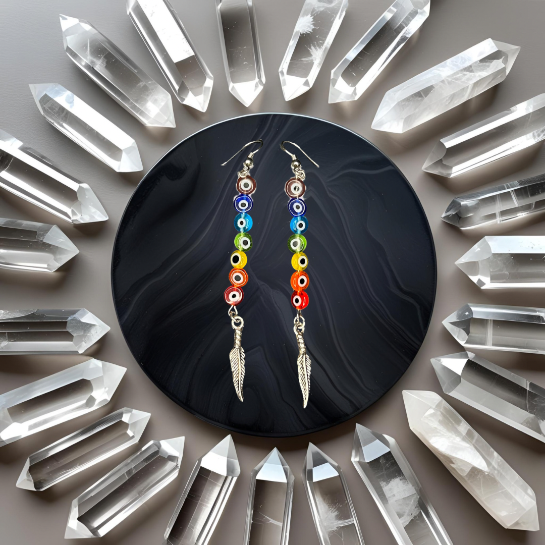 Chakra Balancing Evil Eye Earrings w/ Feather