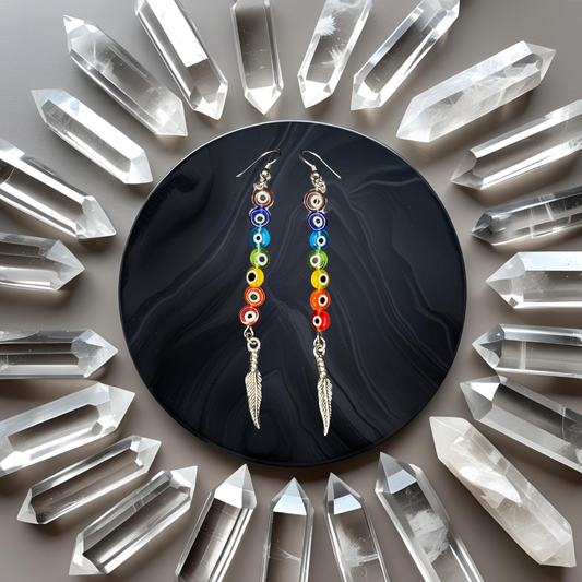 Chakra Balancing Evil Eye Earrings w/ Feather