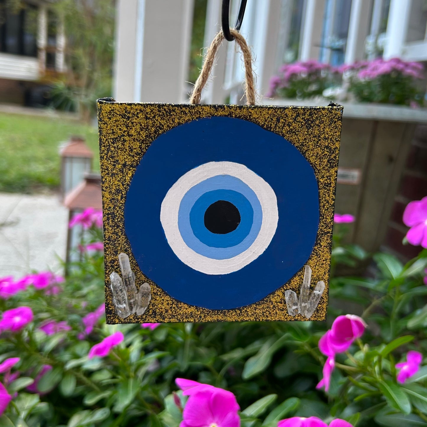 4" Gold Evil Eye Painting w/ Clear Quartz