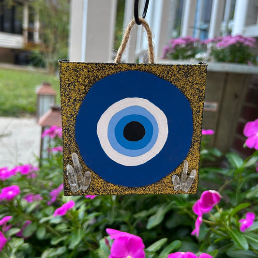 4" Gold Evil Eye Painting w/ Clear Quartz