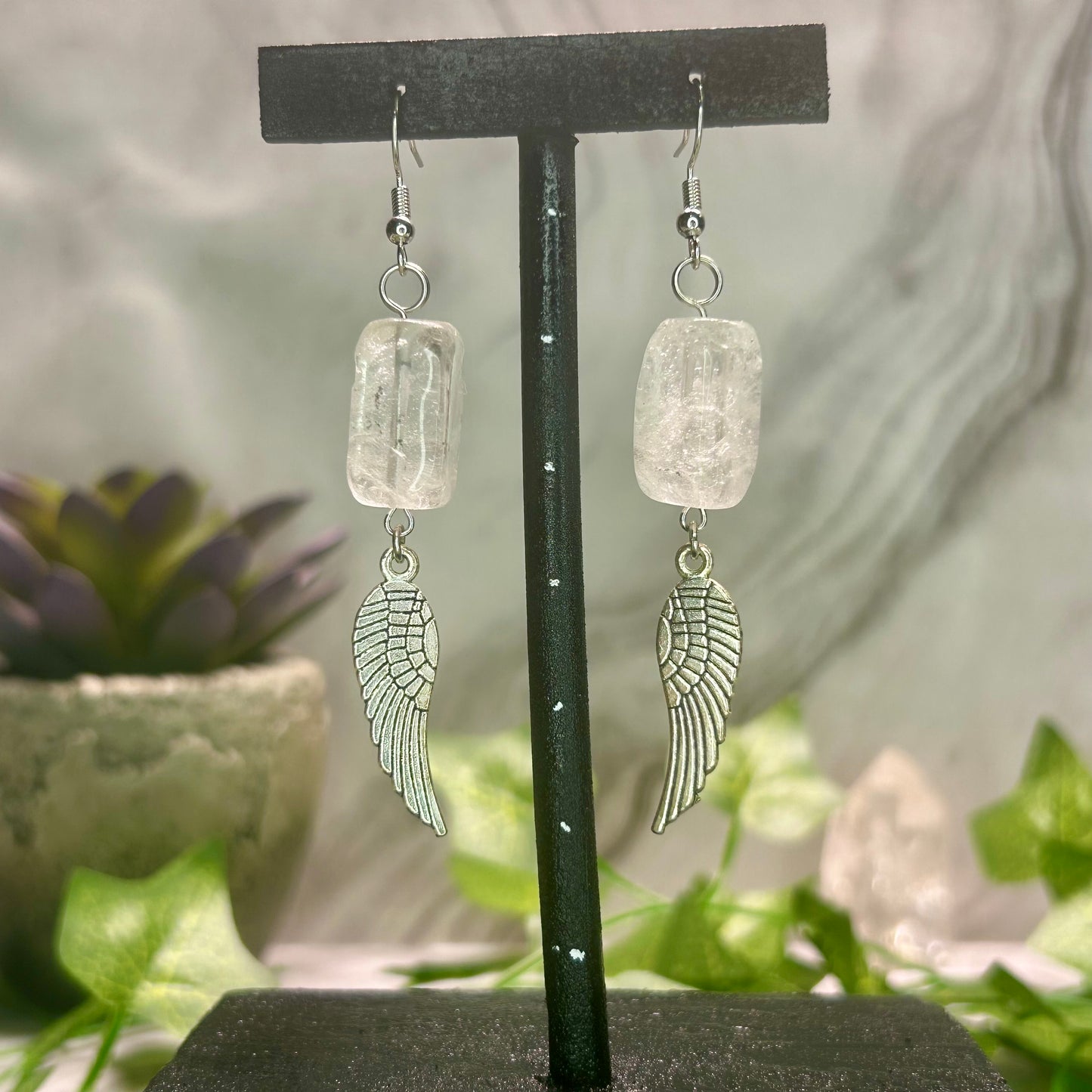 Clear Quartz Earrings w/ Angel Wing Charms