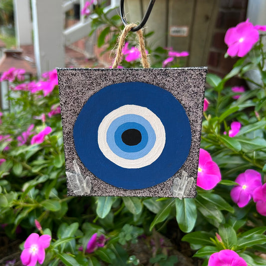 4" Silver Evil Eye Painting w/ Clear Quartz
