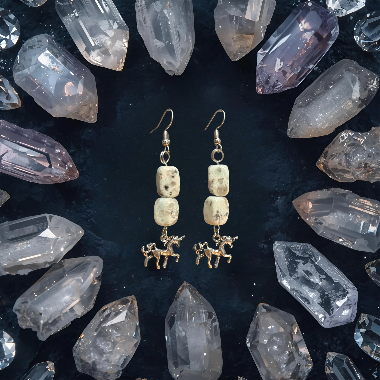Kiwi Jasper Earrings w/ Unicorns