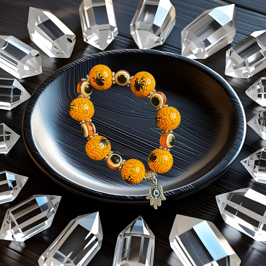 Evil Eye Bracelet - Orange Spiders w/ Hamsa