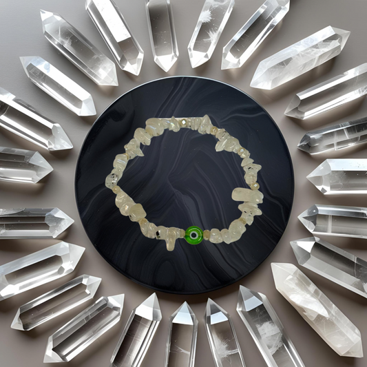 Rainbow Moonstone Bracelet w/ Green Evil Eye