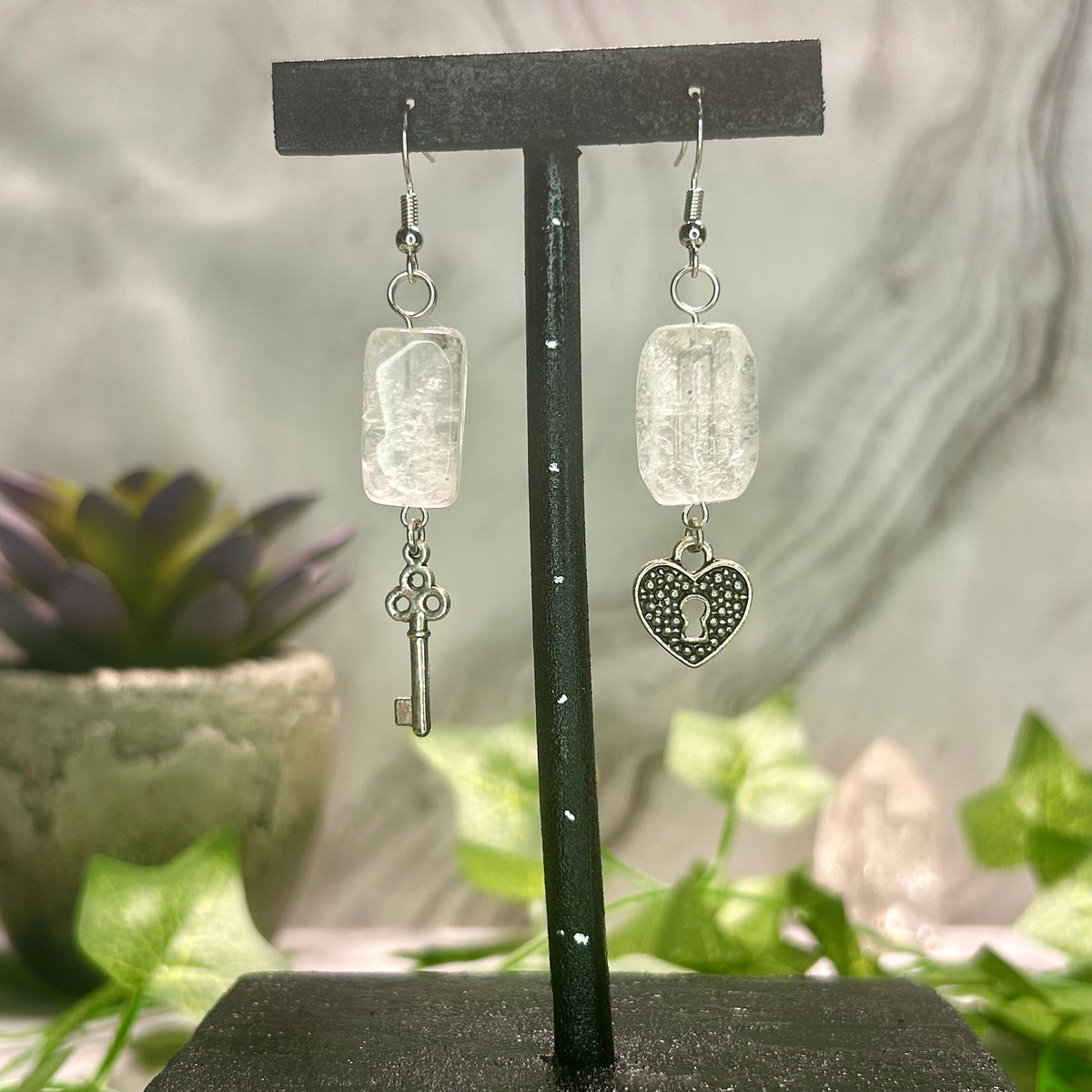 Clear Quartz Earrings w/ Lock & Key Charms