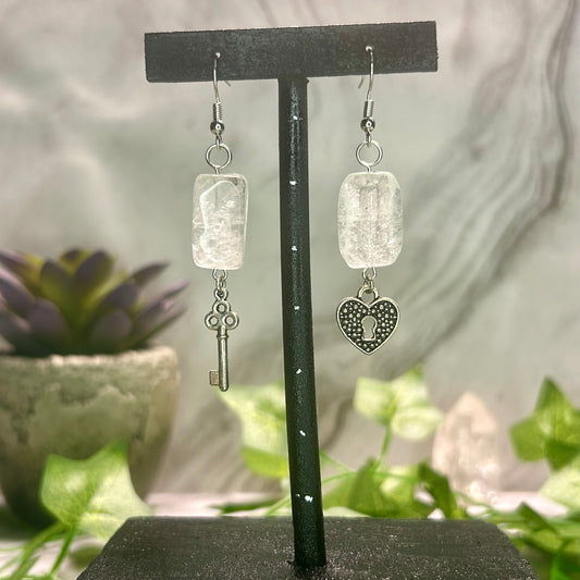 Clear Quartz Earrings w/ Lock & Key Charms
