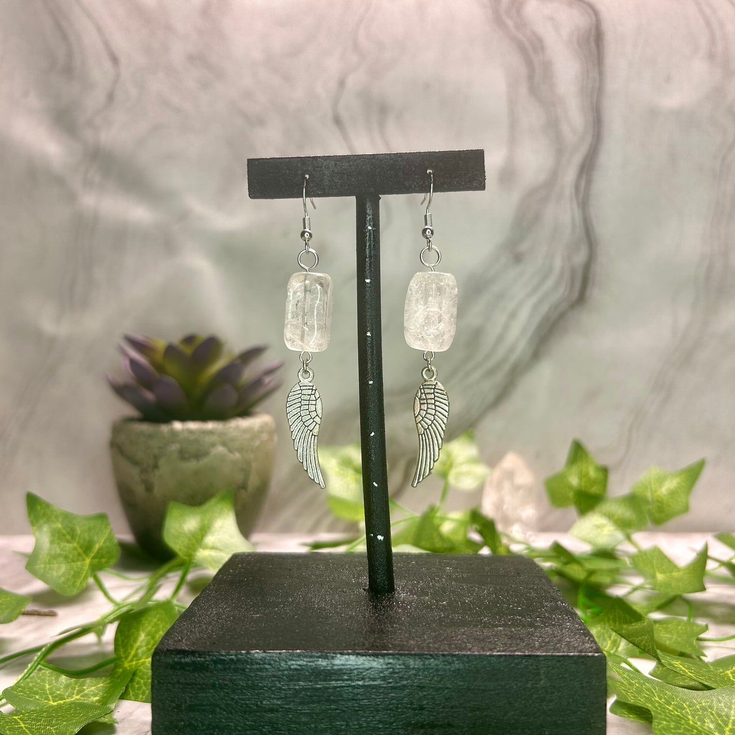 Clear Quartz Earrings w/ Angel Wing Charms