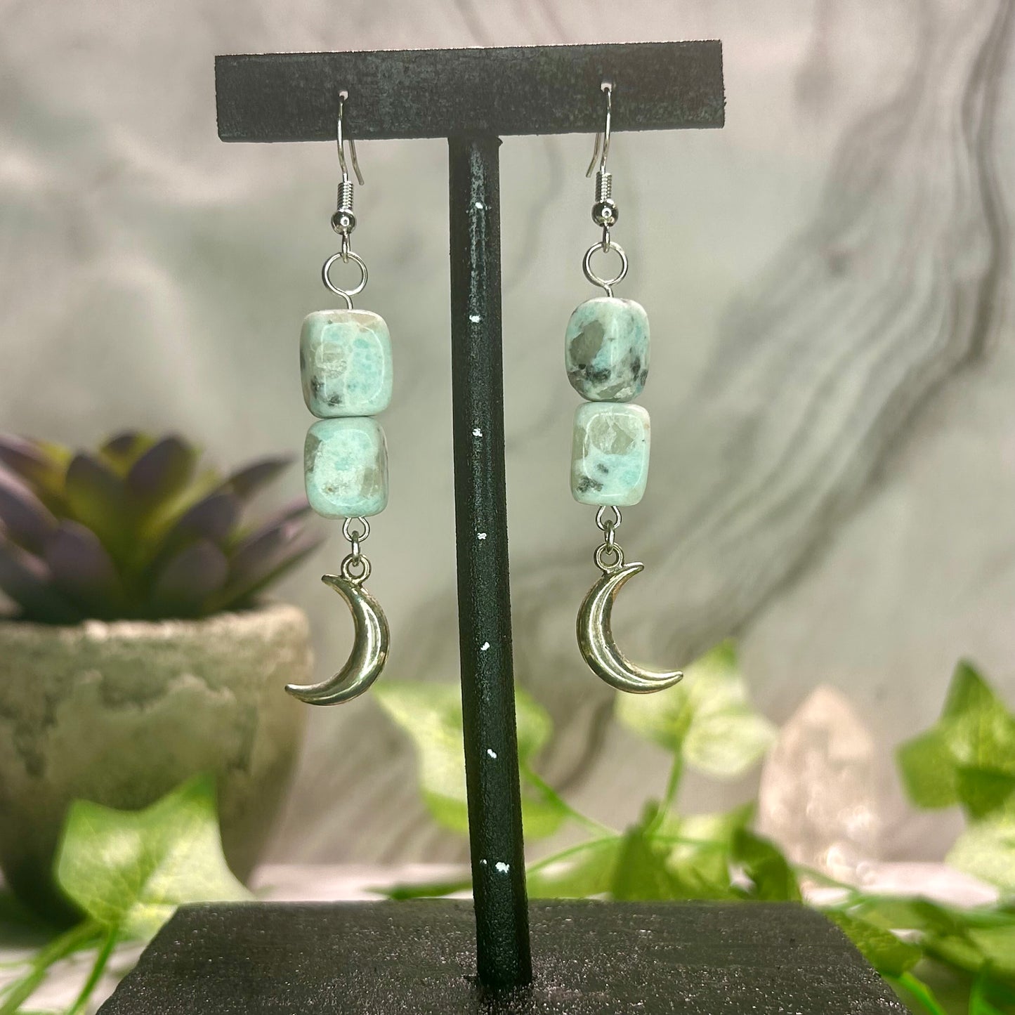 Kiwi Jasper Earrings w/ Moon Charms