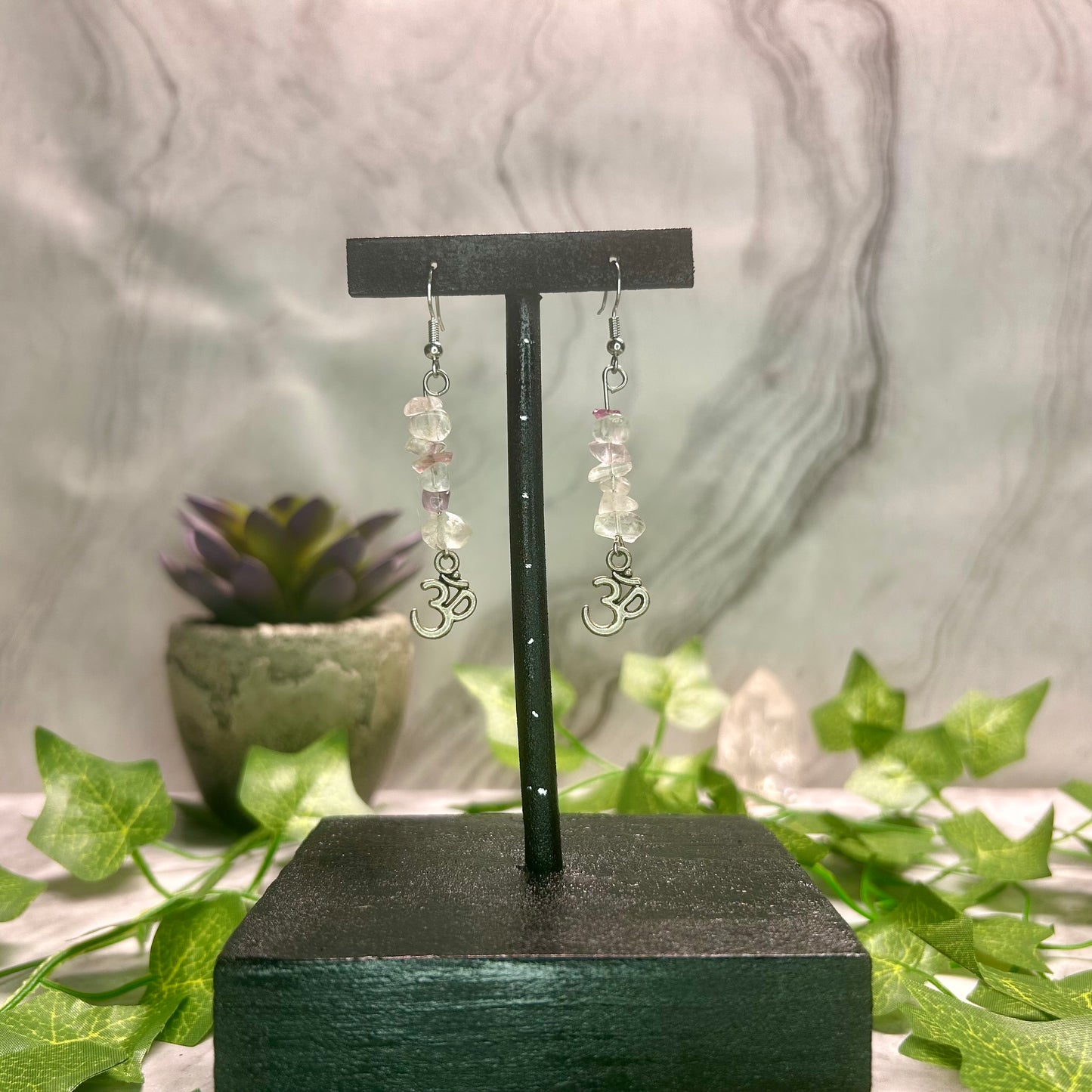 Rainbow Fluorite Earrings w/ Ohm Charm